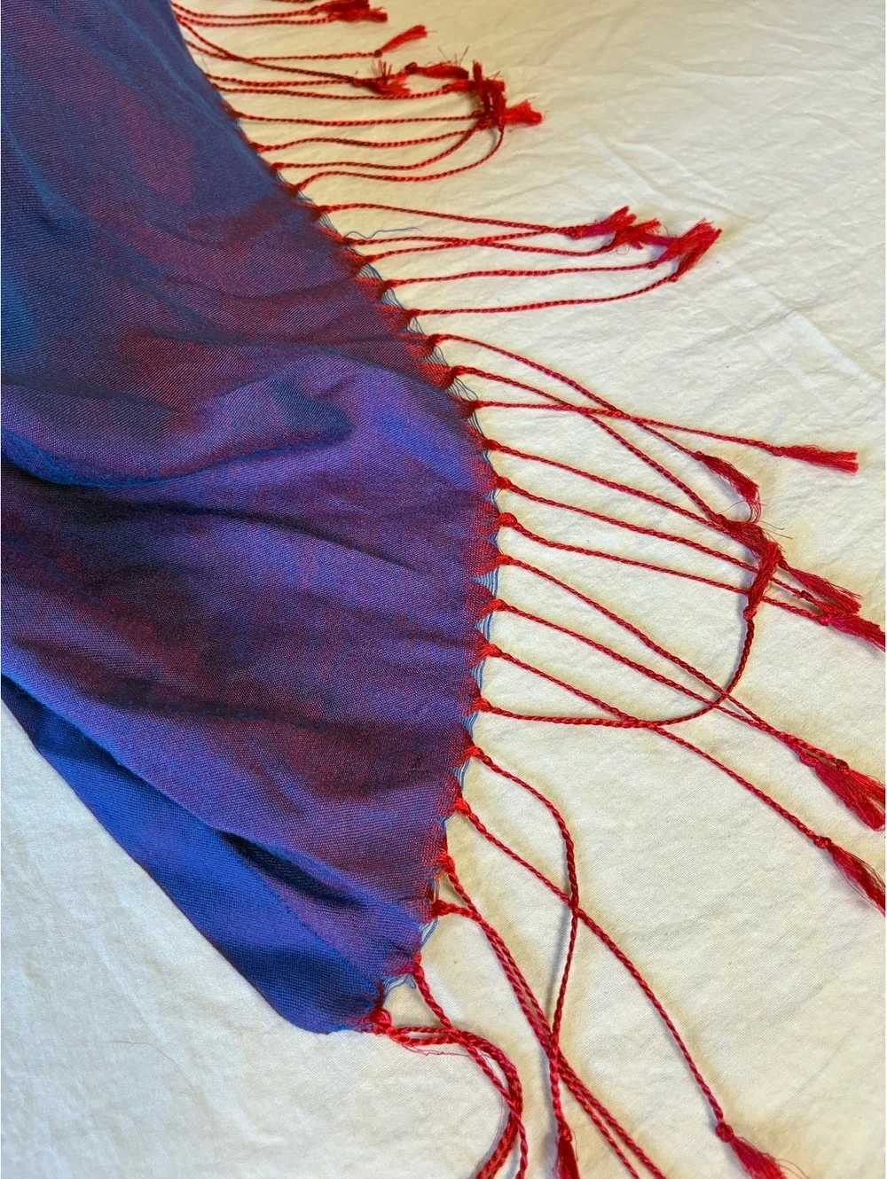 Two-Tone Blue and Burgundy Shawl with Fringe Detailing
